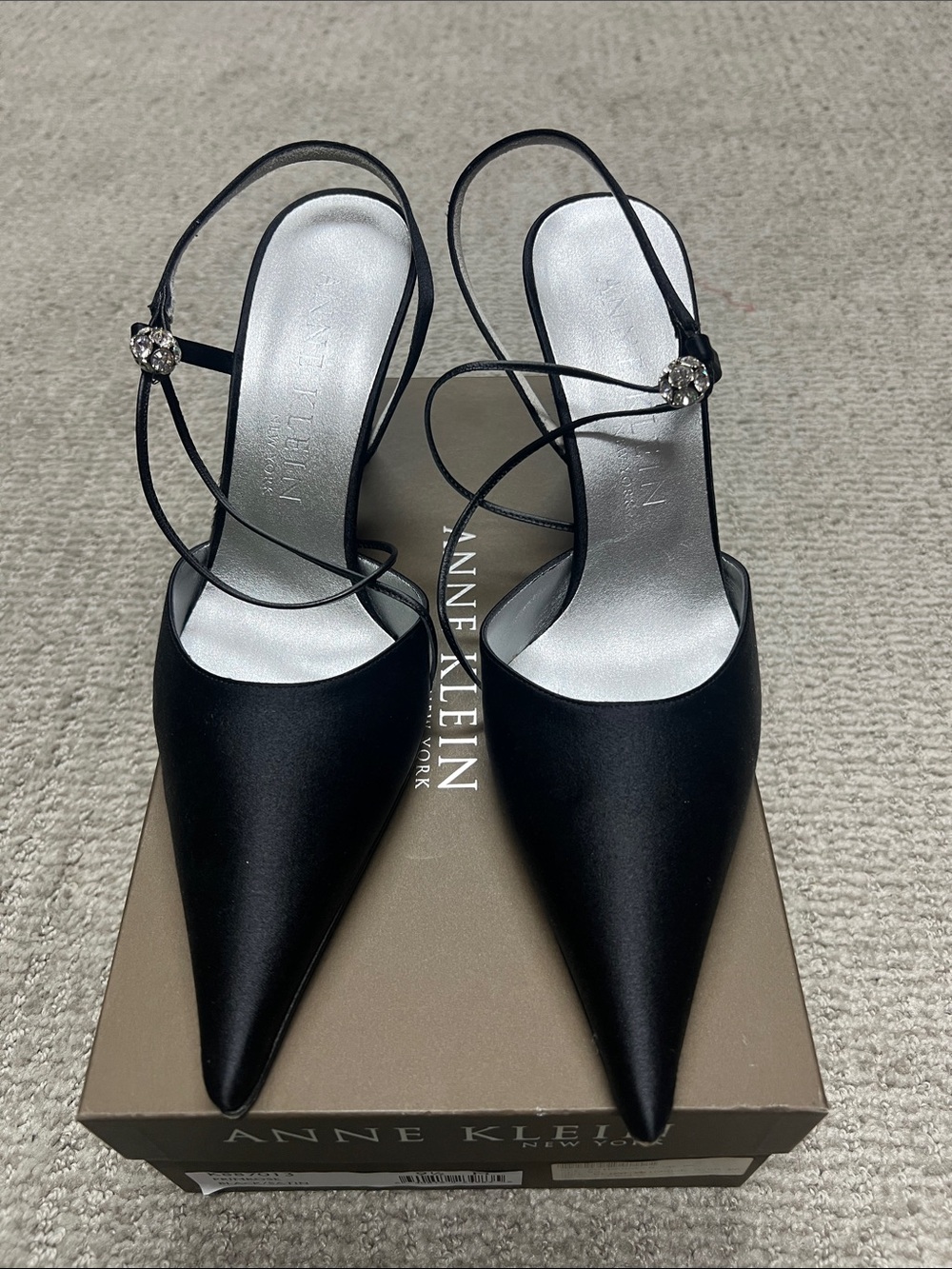 Anne Klein Black Satin Pointed-Toe Slingback Heels with Rhinestone Strap